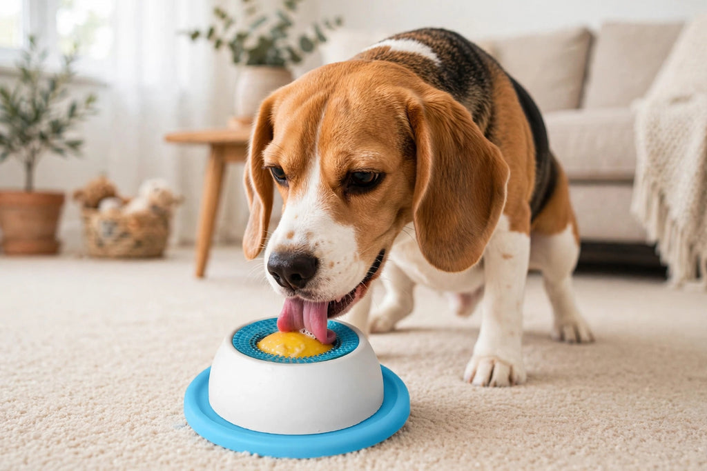 Chien beagle utilisant un jouet distributeur de friandises anti-glouton