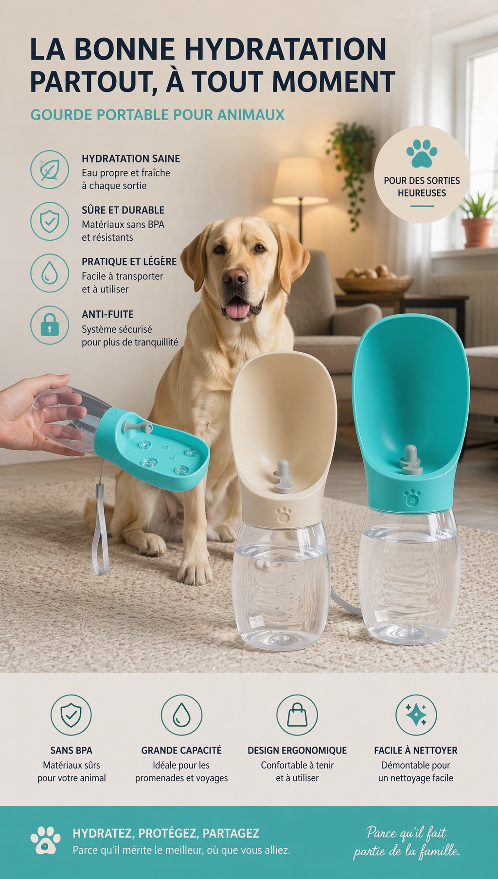 Gourde portable pour chien 300ml, design 2-en-1 avec bol intégré